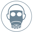 Sicherheitssymbol für Gasmasken, grau auf weiß, in einem Kreis.