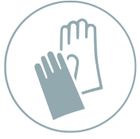 Symbol für Schutzhandschuhe, zwei graue Handschuhe in einem weißen Kreis.