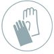 Symbol für Schutzhandschuhe, zwei graue Handschuhe in einem weißen Kreis.