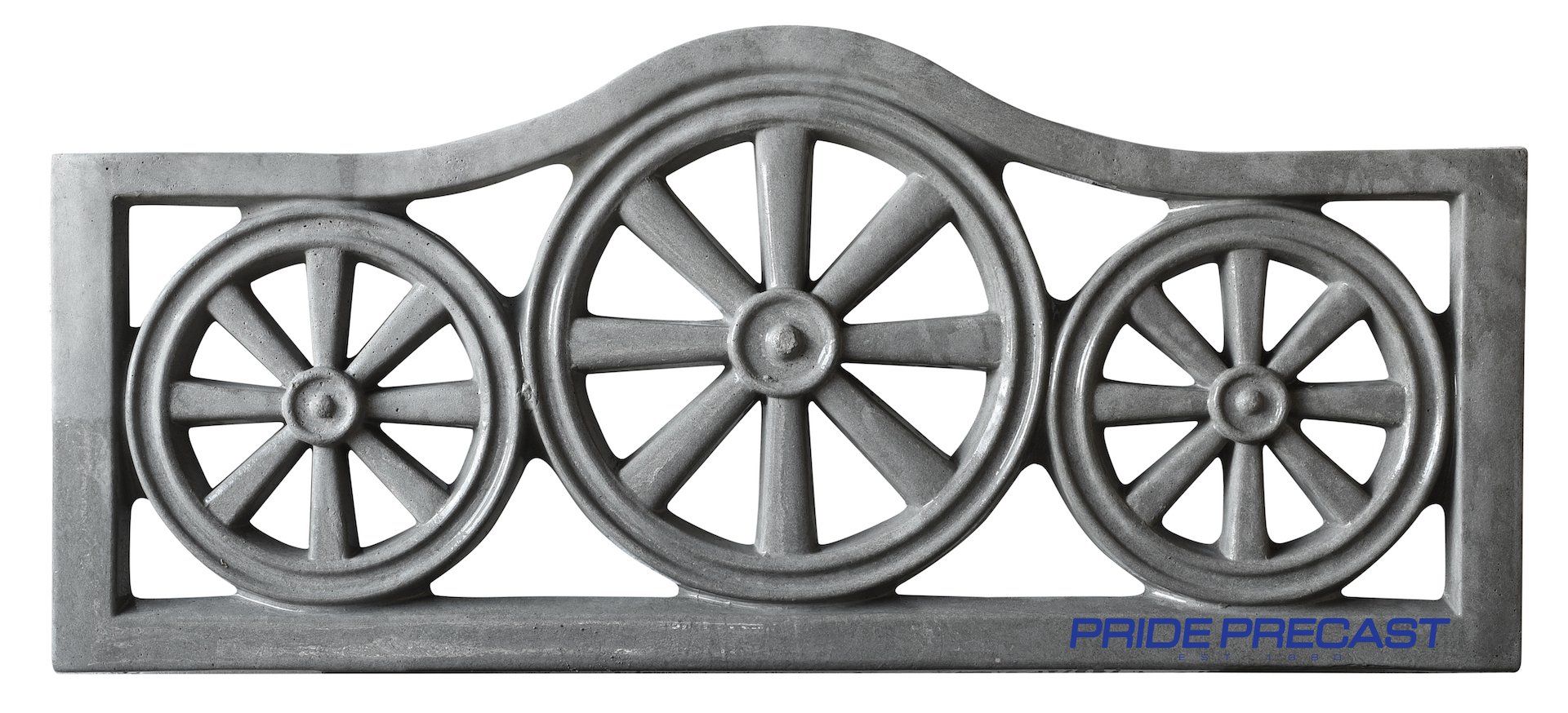 A fence with three wagon wheels on it