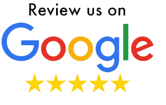 A google logo with five stars and the words review us on google