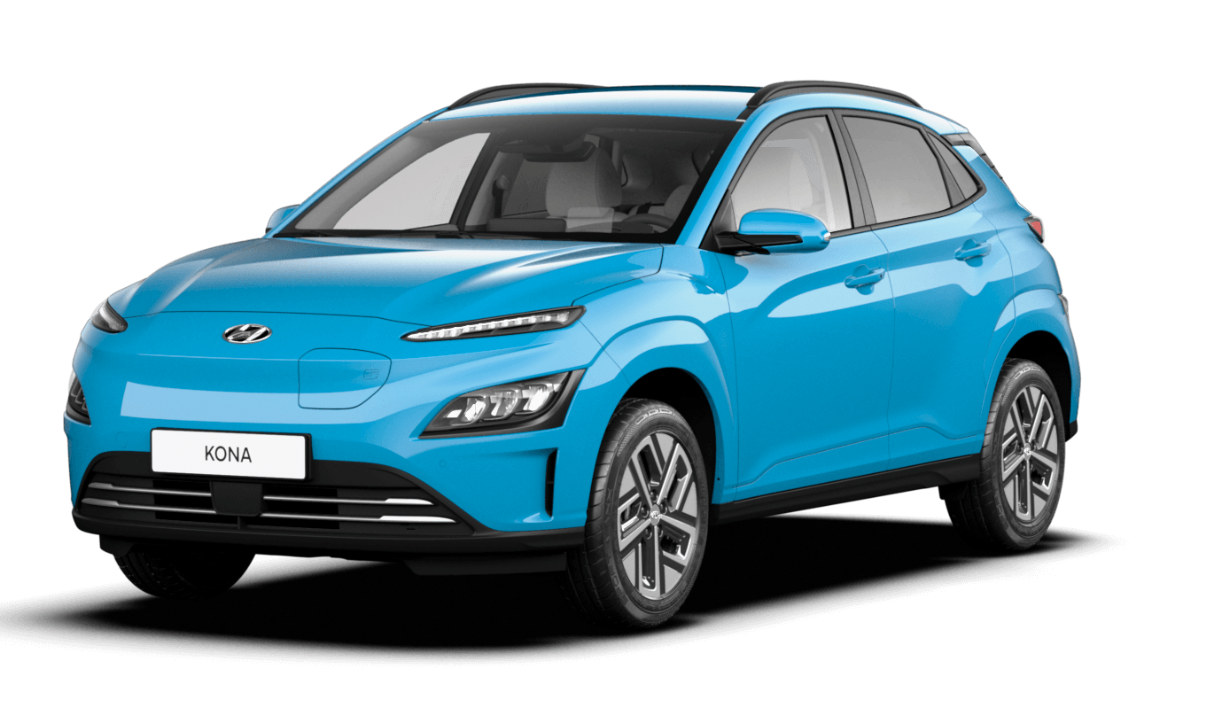 A blue hyundai kona electric car is shown on a white background.