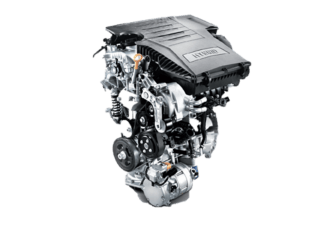 A close up of a car engine on a white background