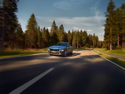 A blue car is driving down a road next to a forest.