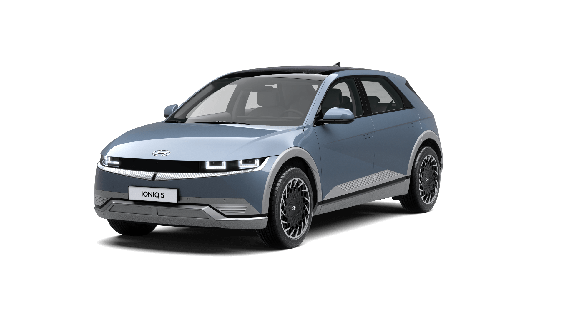 A blue hyundai ioniq 5 is shown on a white background.