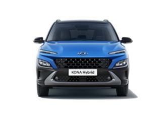 The front of a blue hyundai kona hybrid is shown on a white background.