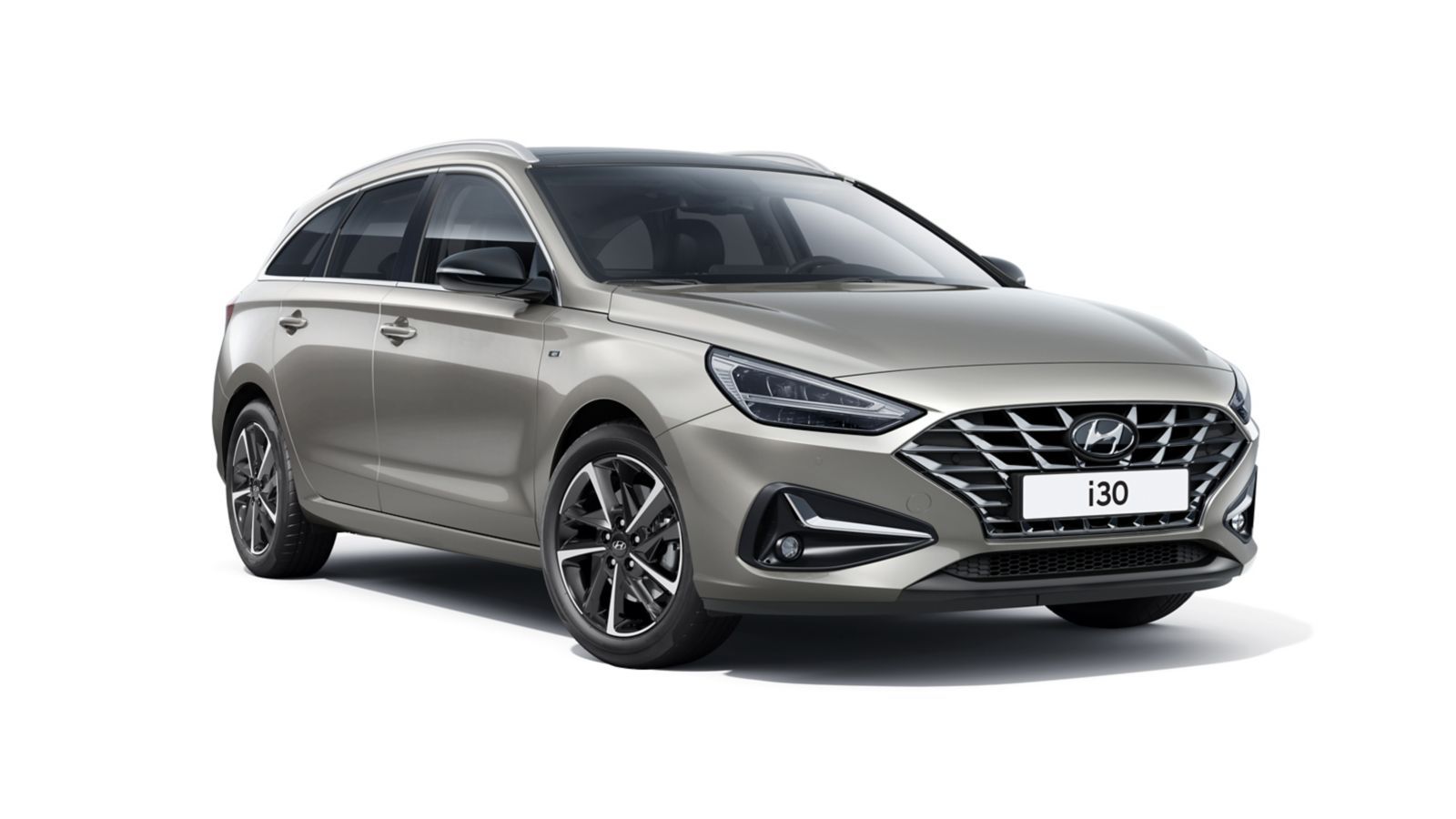 A silver hyundai i30 is shown on a white background.
