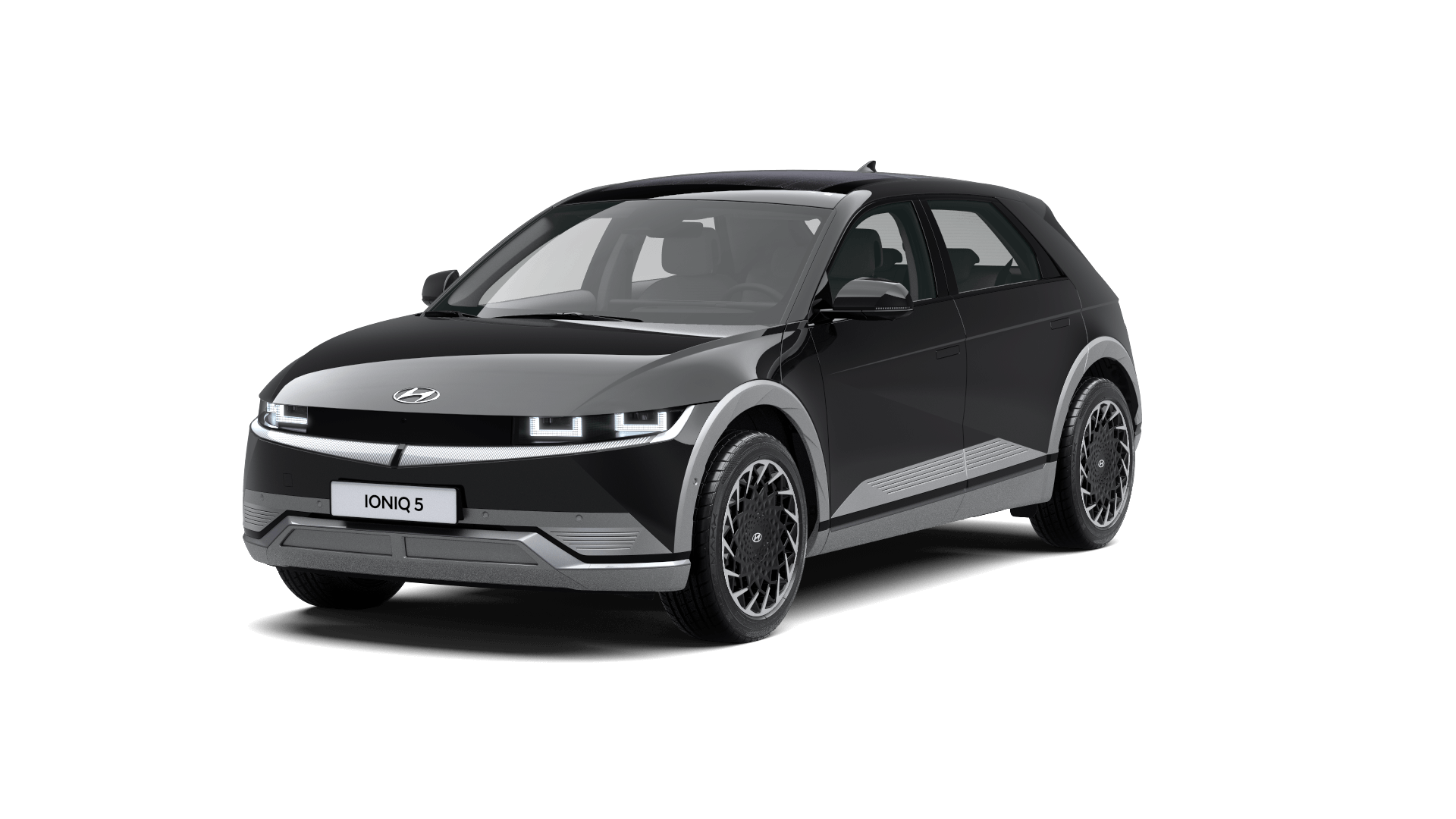 A black and white photo of a hyundai ioniq 5 electric car on a white background.