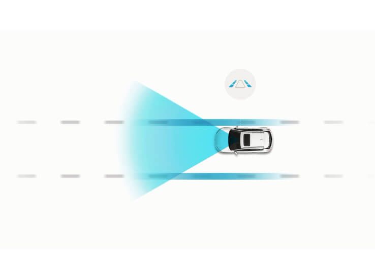 A car is driving down a road with a beam of light coming out of the windshield.