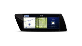 A car dashboard with a map and weather app on it.