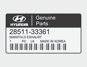A genuine parts label for a hyundai manifold exhaust made in korea.