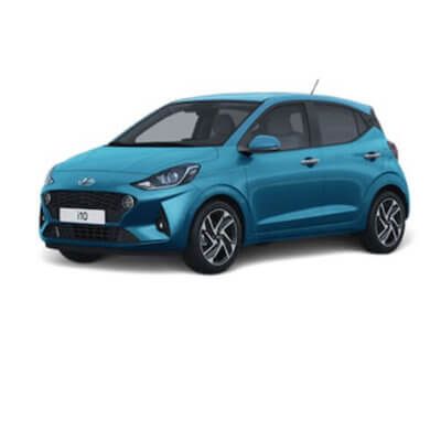 A blue hyundai i10 hatchback is shown on a white background.