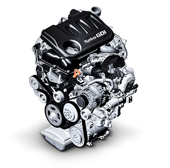 A turbo gdi engine is shown on a white background.