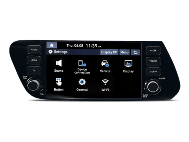 A car radio with a screen that says settings on it.