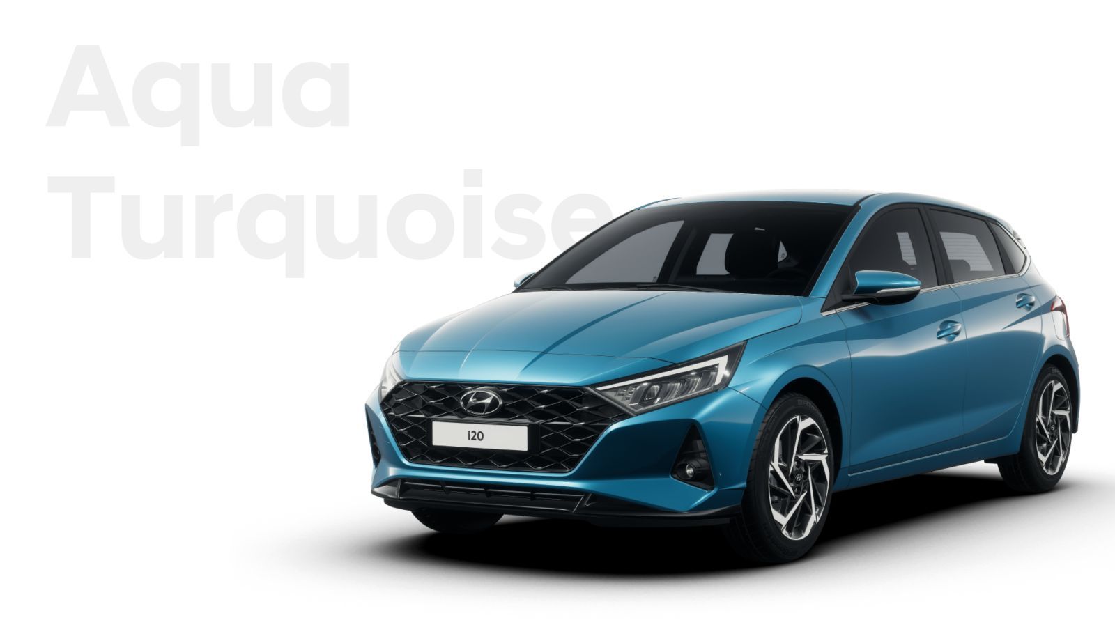A blue hyundai i20 hatchback is shown on a white background.