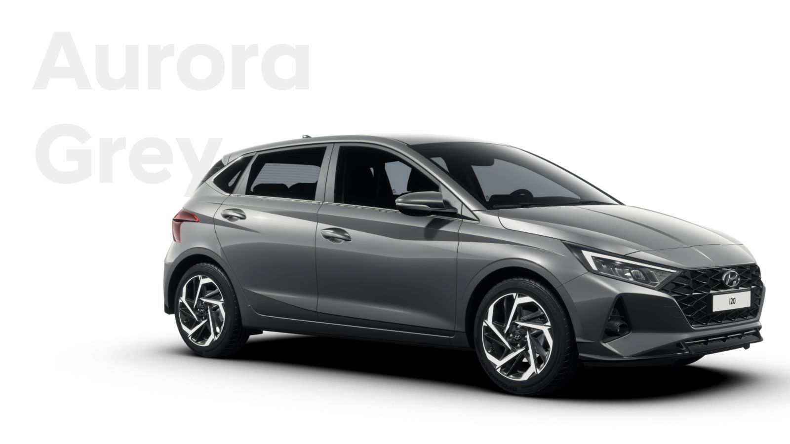 A hyundai i20 hatchback in aurora grey is shown on a white background.