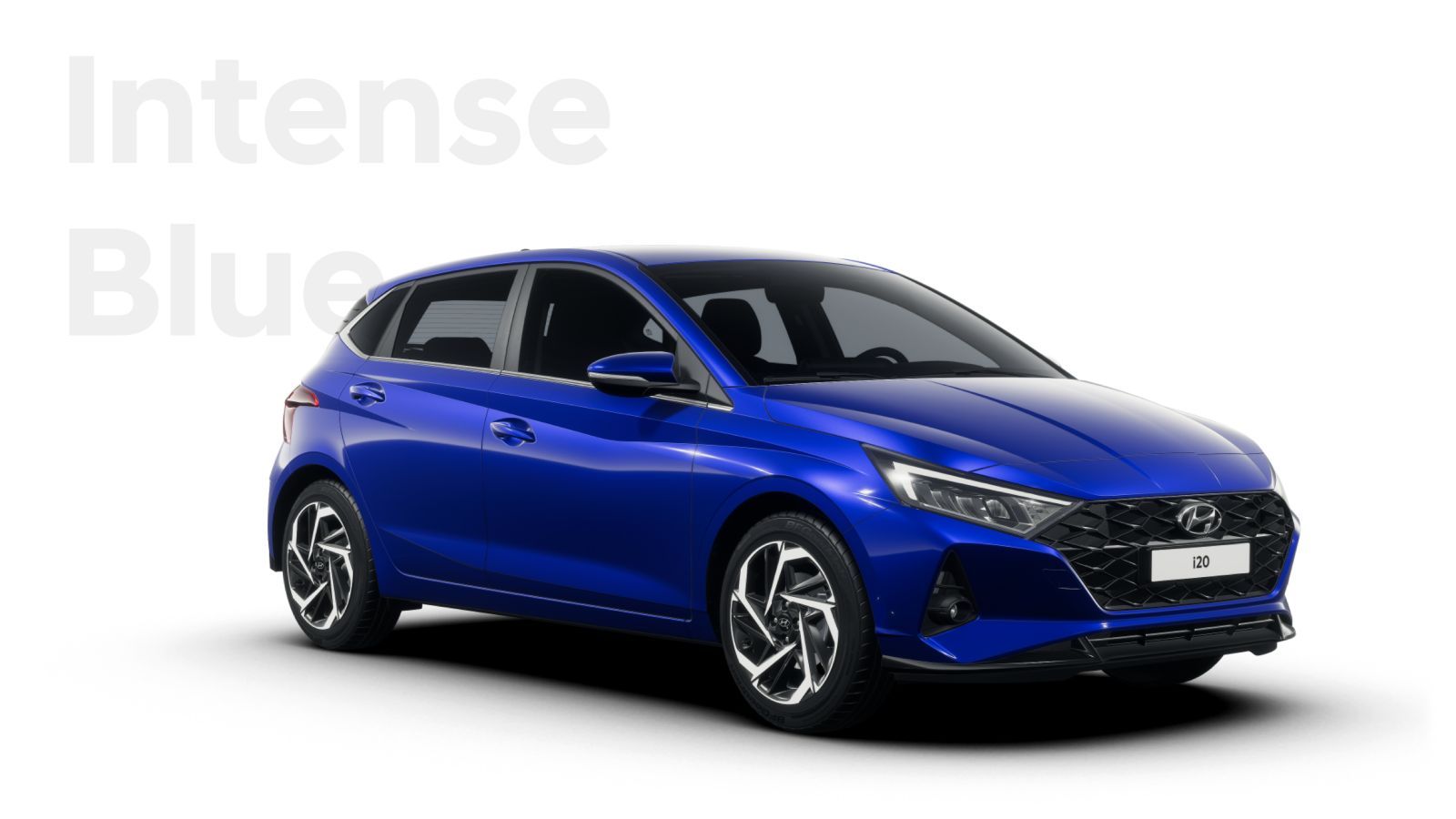 A blue hyundai i20 hatchback is shown on a white background.