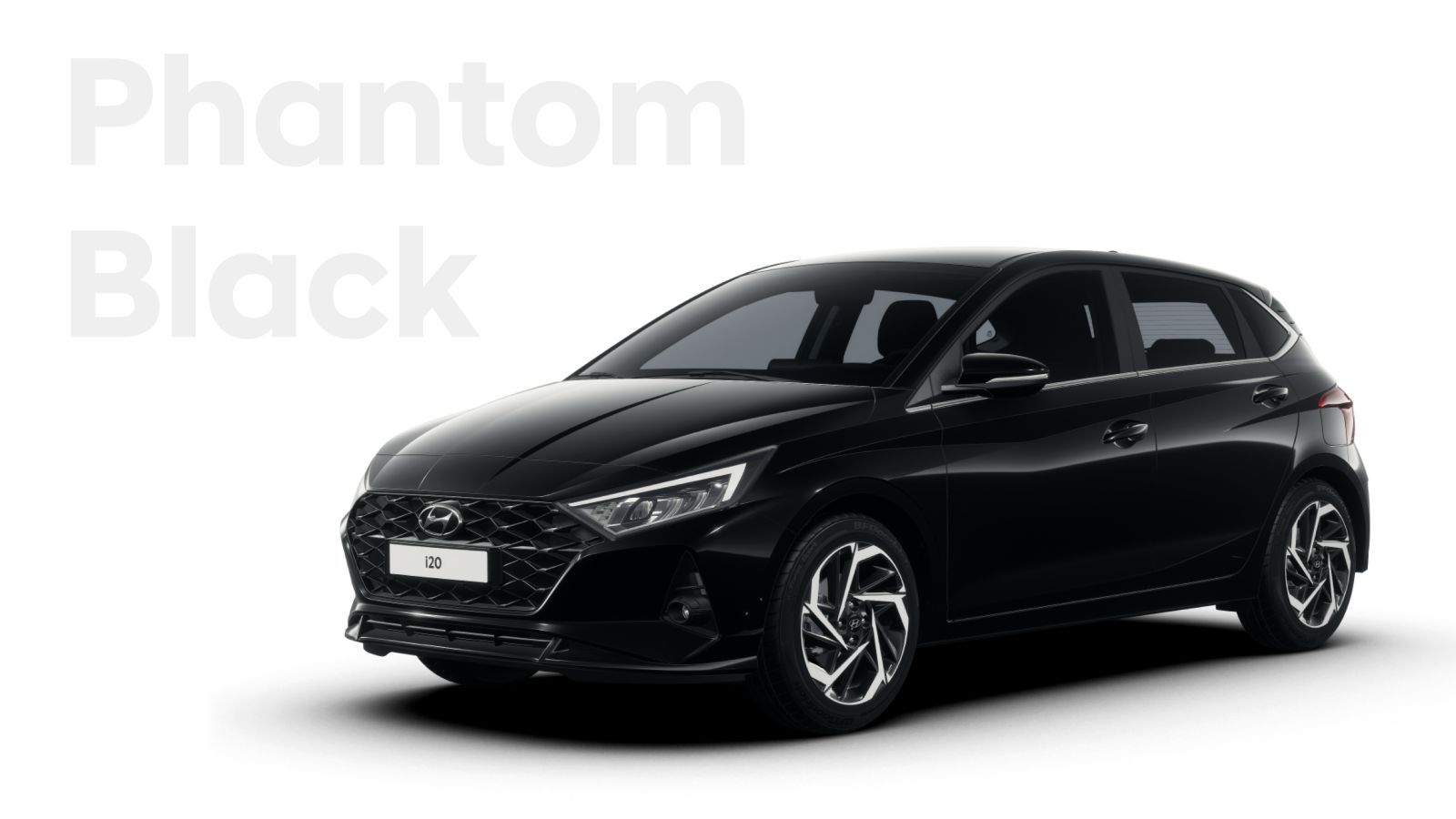A black hyundai i20 hatchback is shown on a white background.