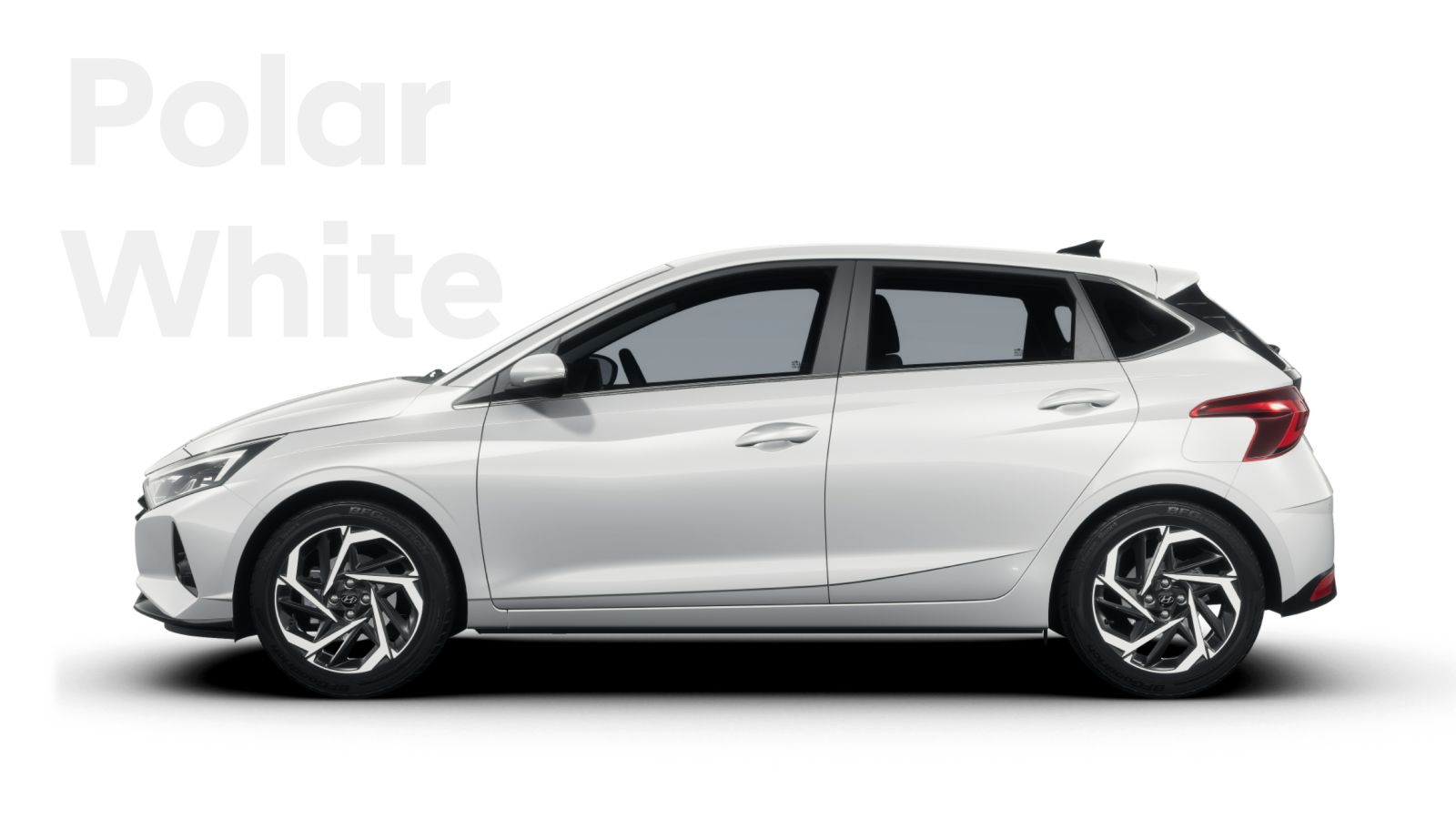 A white hyundai i20 hatchback is shown in polar white.