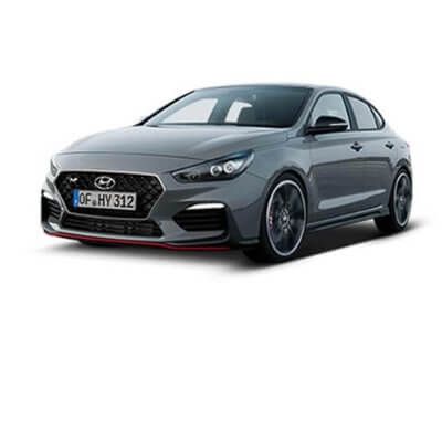 A hyundai i30 n line hatchback is shown on a white background.