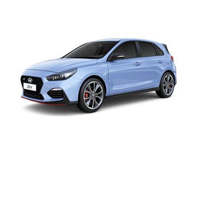 A blue hyundai i30 n is shown on a white background.