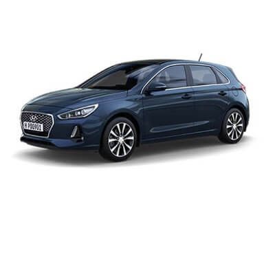A blue hyundai i30 hatchback is shown on a white background.