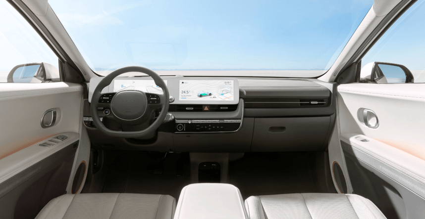 The interior of a car with a steering wheel and a dashboard.  ioniq 5 