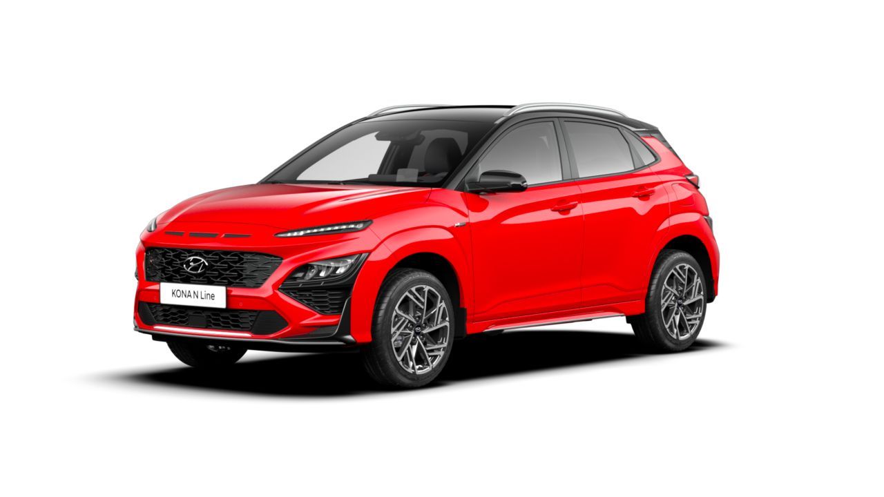A red hyundai kona is shown on a white background.