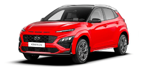 A red hyundai kona is shown on a white background.