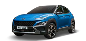 A blue hyundai kona is shown on a white background.