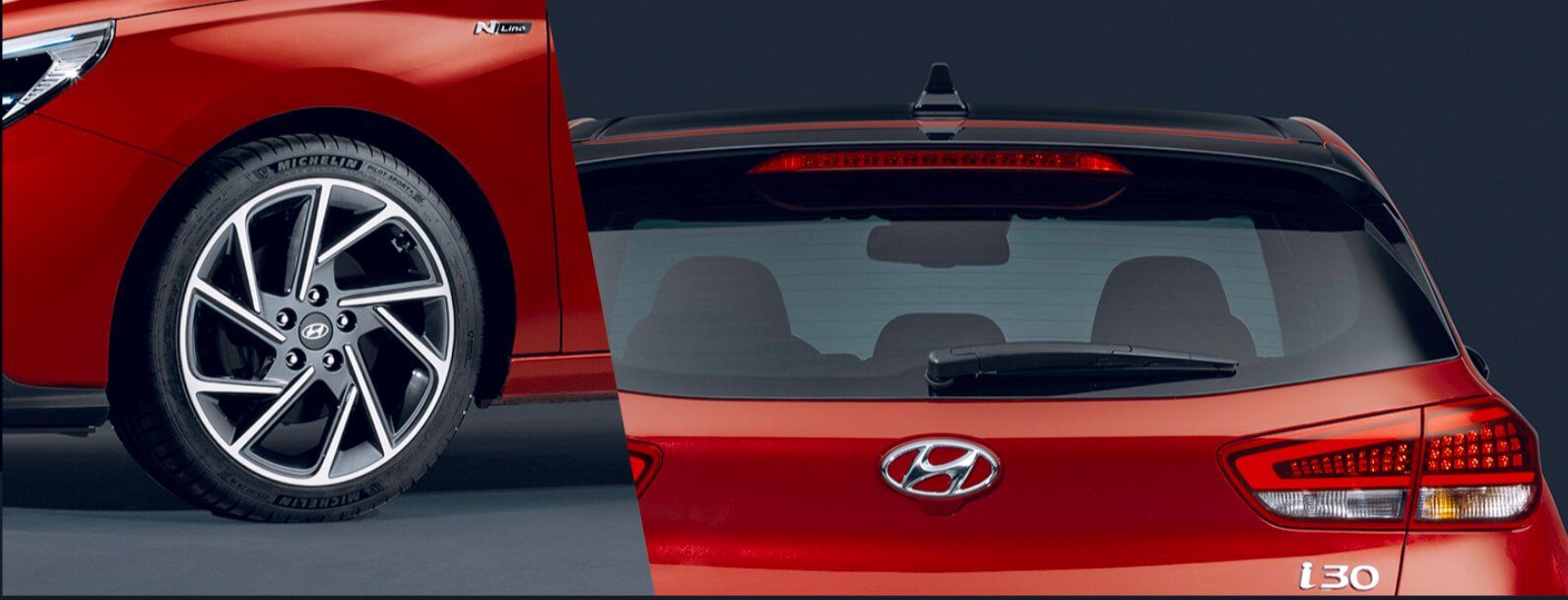 The front and back of a red hyundai i30 hatchback are shown.