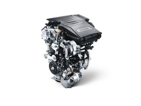A close up of a car engine on a white background. Kona Hibrid