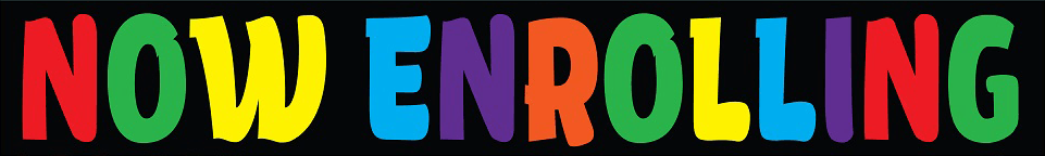 Colorful “NOW ENROLLING” text on a black background