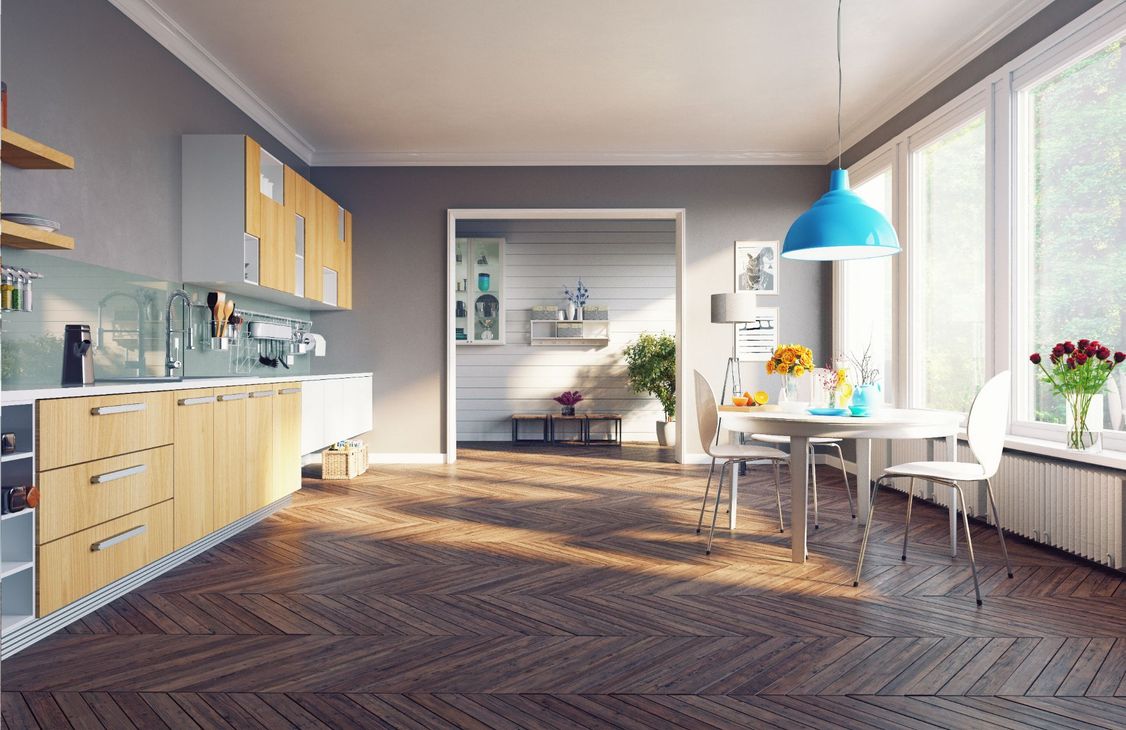 cucina con pavimenti in parquet