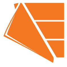 En oransje logo med en geometrisk, abstrakt form som ligner en delvis brettet firkant ved siden av tre horisontale streker.