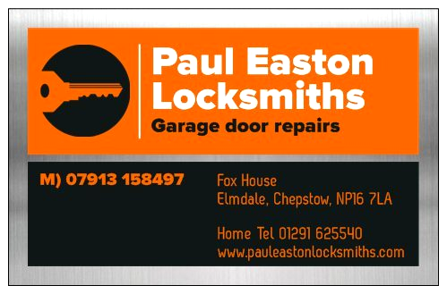 Paul Easton Locksmiths and Garage door repairs Chepstow business card