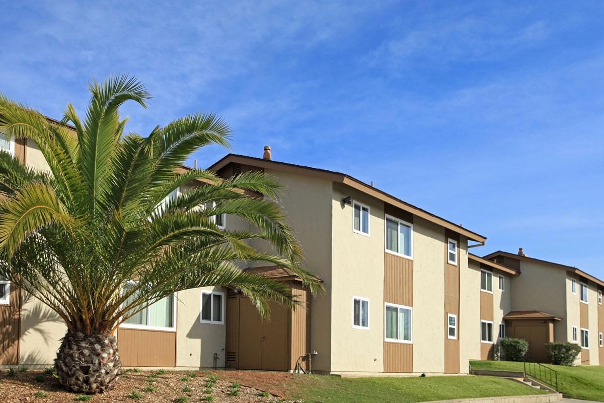 Two story apartment building with a palm tree outside.