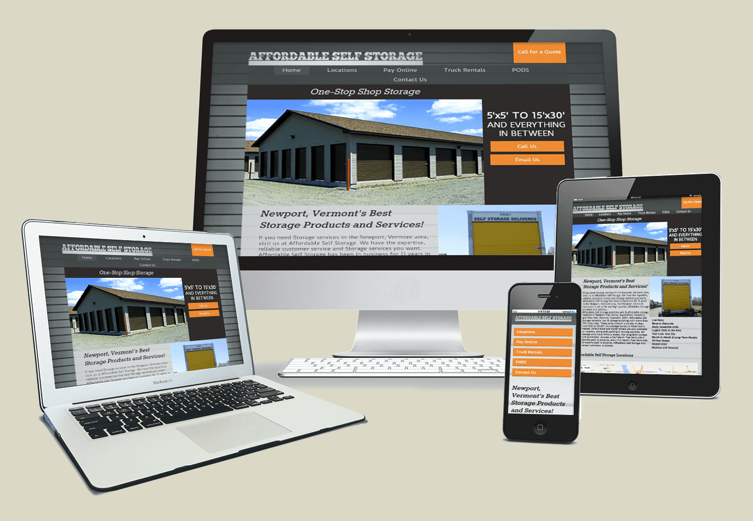 Website displaying on laptop, desktop computer, tablet, and smartphone.