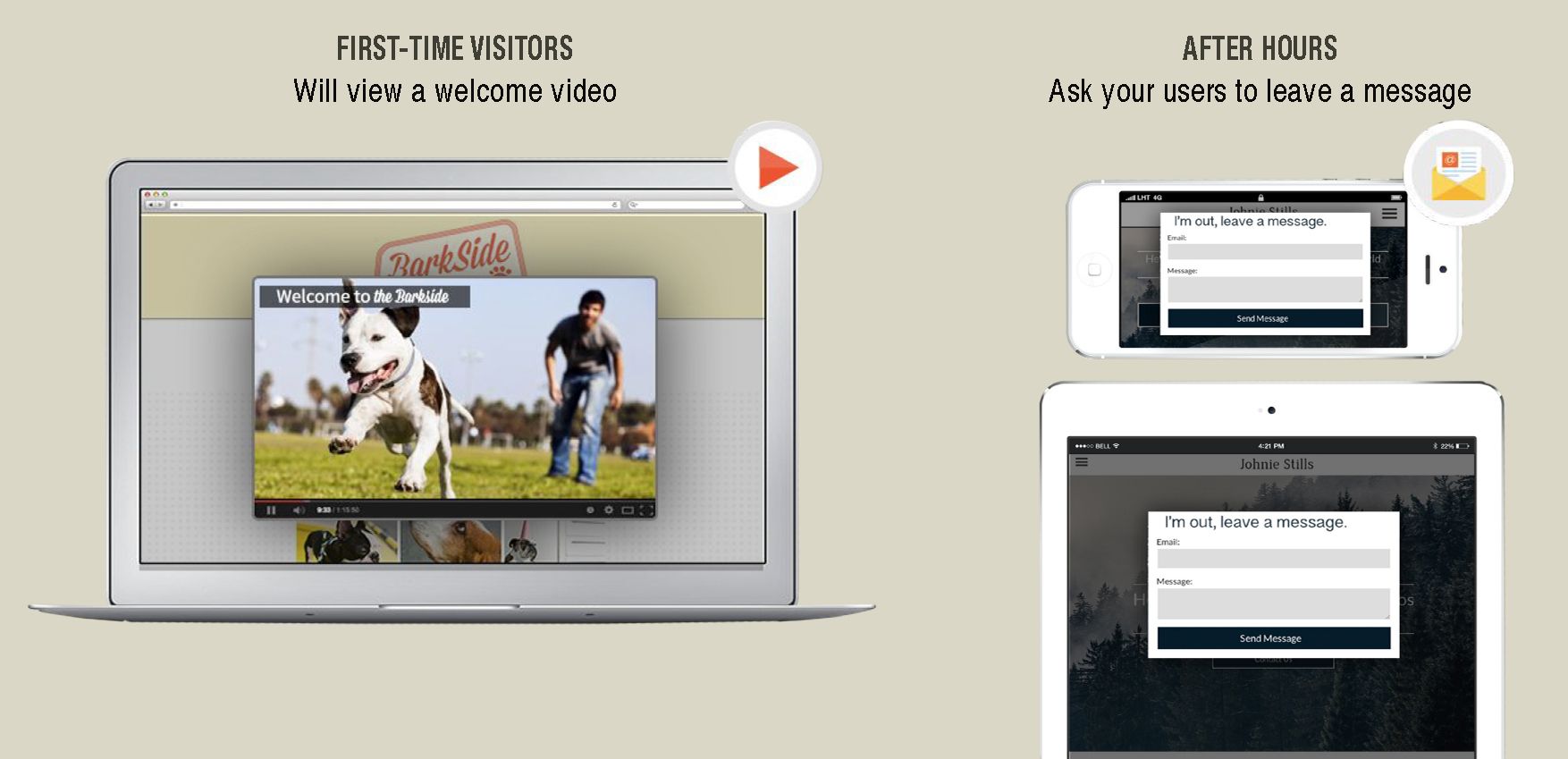 Laptop plays a video of a dog, while a phone and tablet display a form with a mail icon.