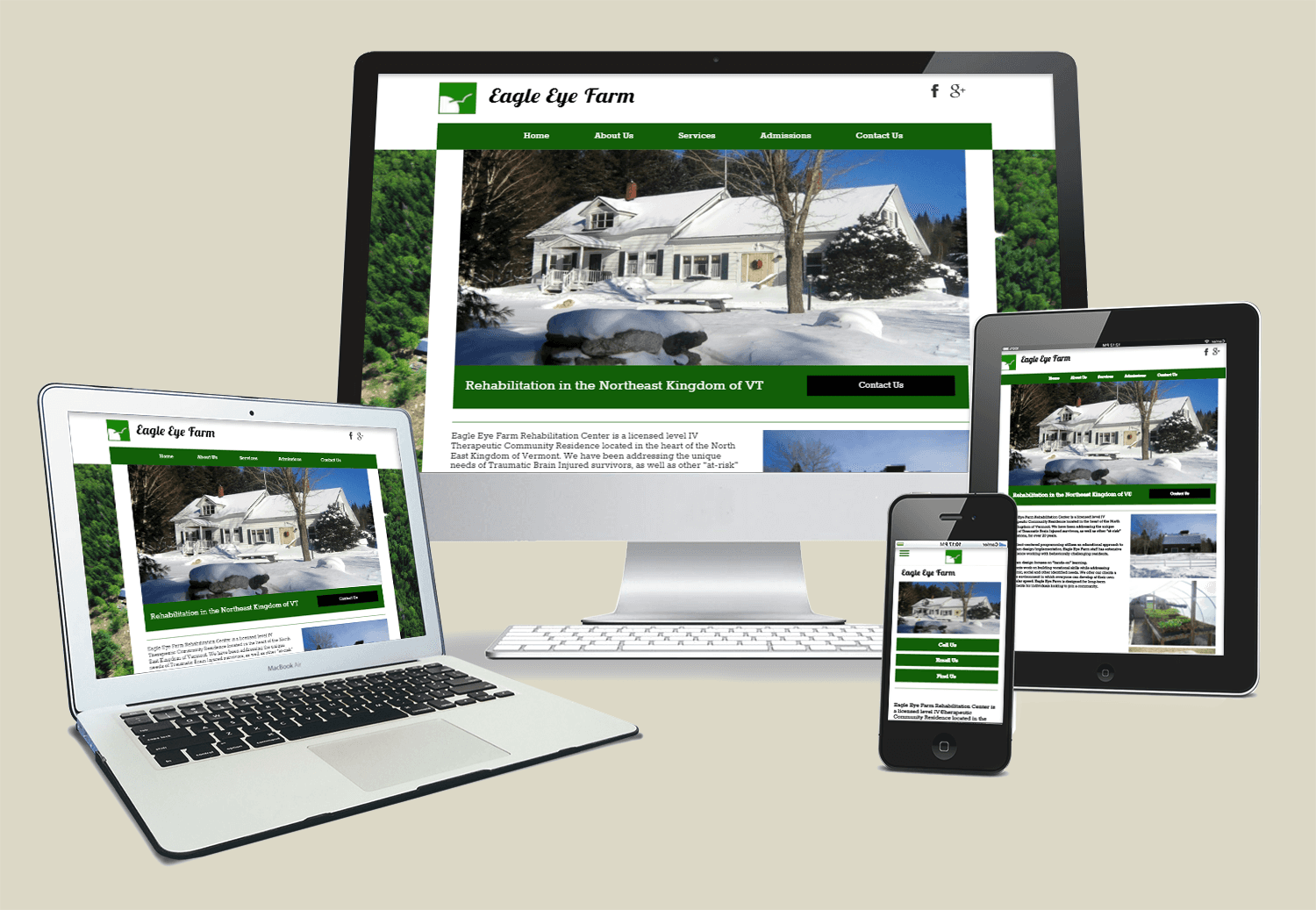 Website layout on various devices (laptop, desktop, tablet, and phone) with a green and white color scheme.