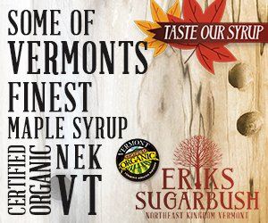 Advertisement for Vermont maple syrup, with text, leaves, and a wooden background.