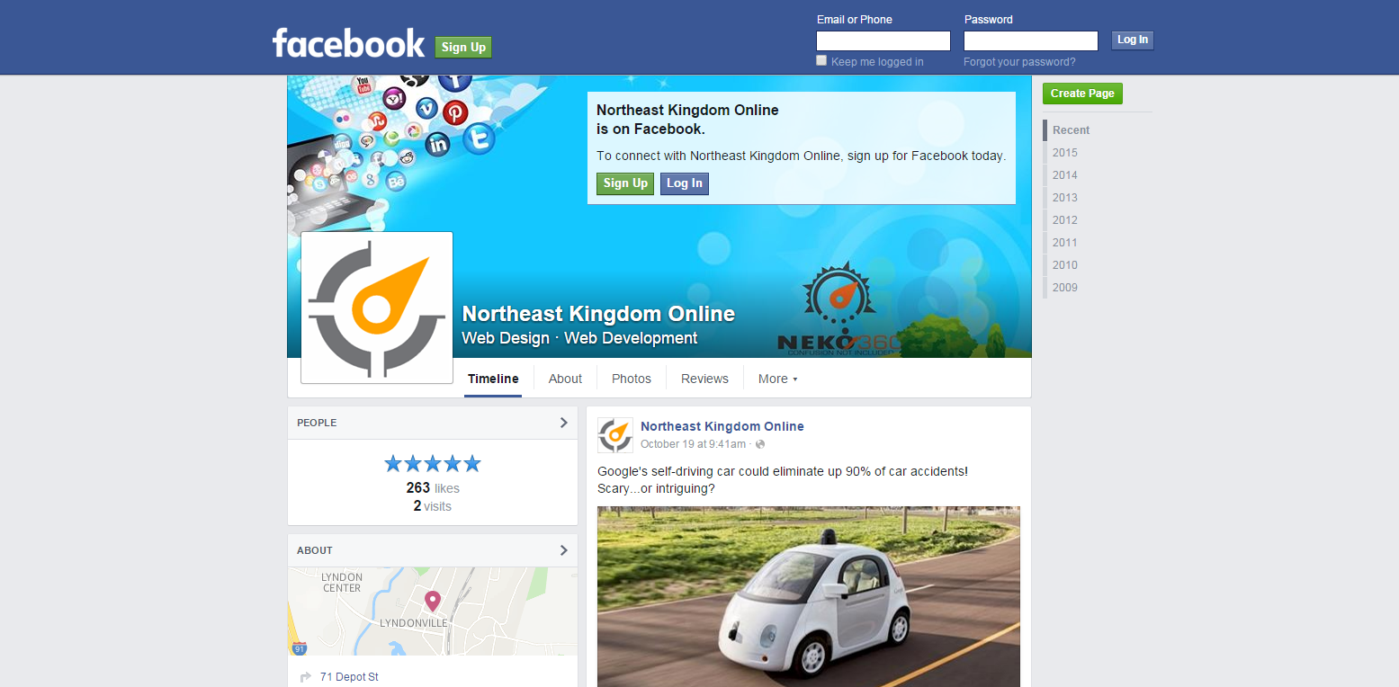 Facebook page with a logo and a post about a self-driving car.