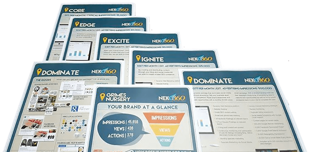 Stack of printed documents with charts and text, featuring a sales funnel diagram.