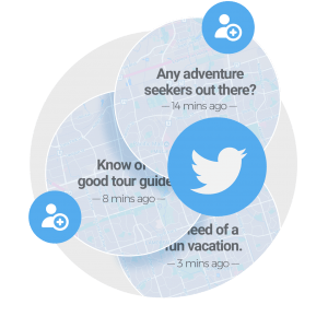 Twitter posts on map backgrounds, asking for adventure seekers, tour guides, and a fun vacation.