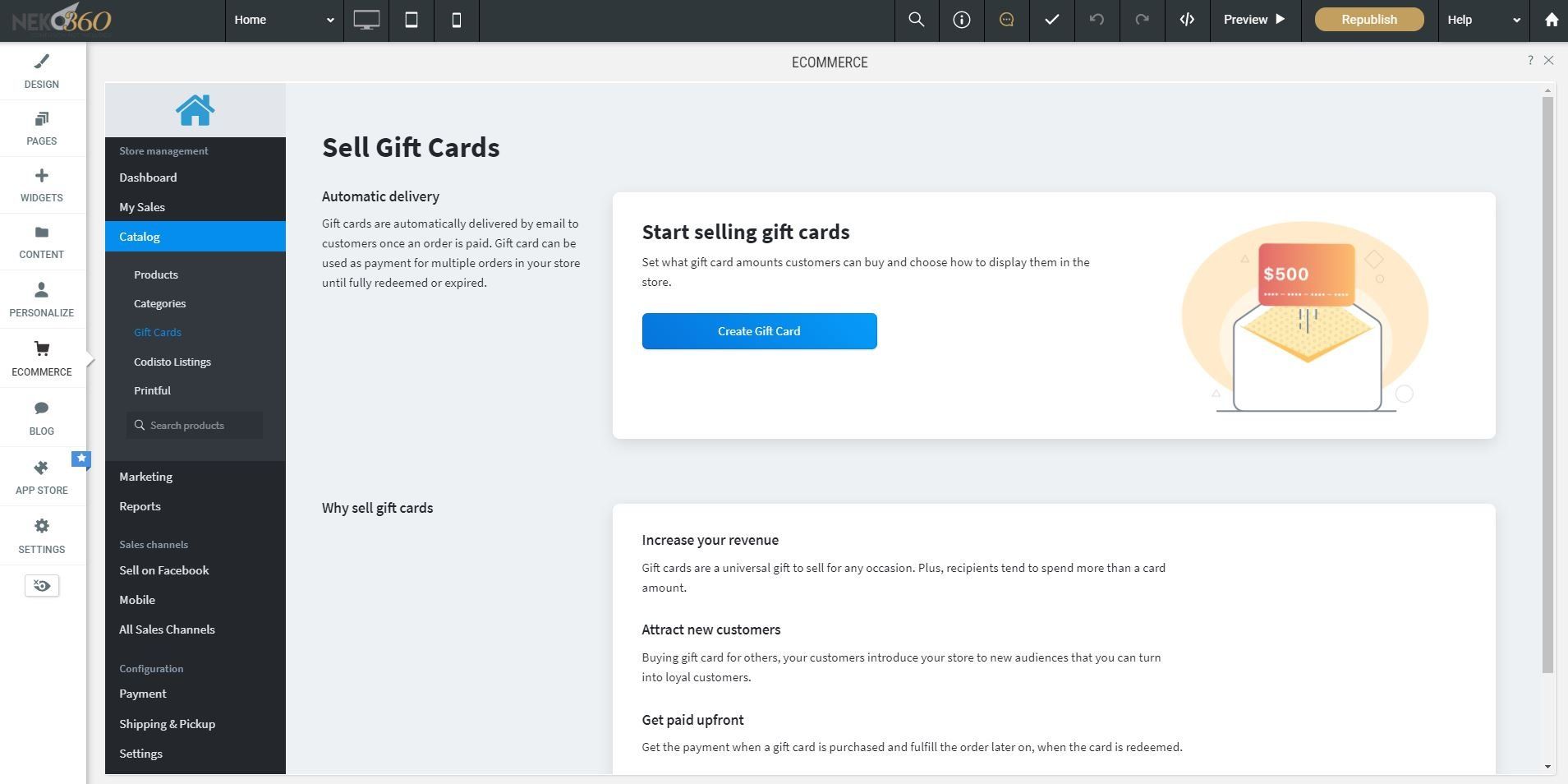 Gift Card Option is a standard add-on in NEKO360 Ecommerce