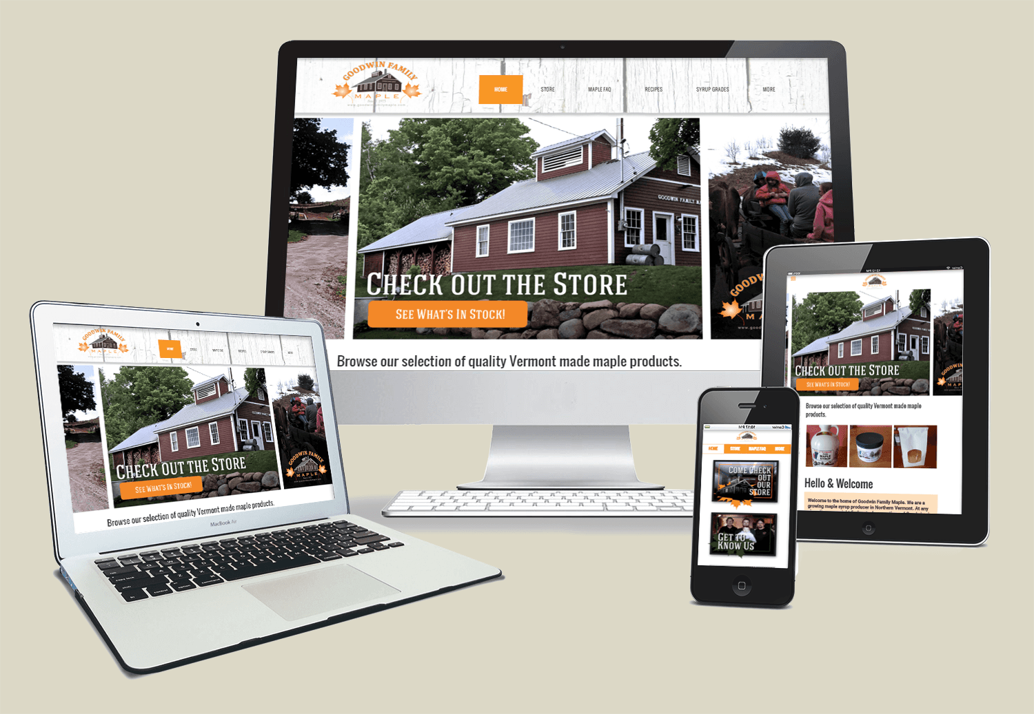 East Branch Builders Website design showcased on a laptop, desktop, tablet, and phone; a maple syrup store.
