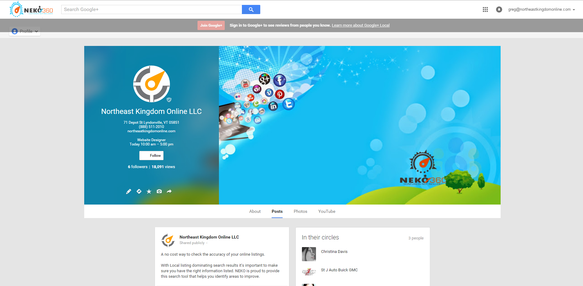 Website with a logo on a blue background and a social media feed below.