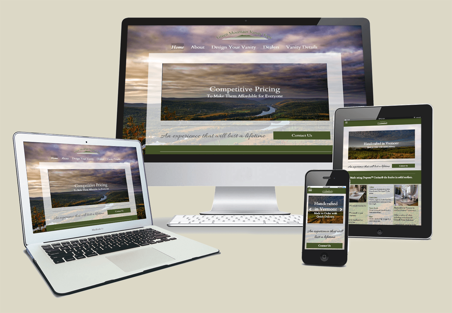 Website displayed on laptop, desktop monitor, tablet, and smartphone. Landscape theme, responsive design.