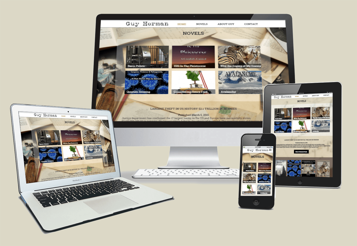 A website displayed on a laptop, desktop, tablet, and smartphone. The website showcases design work.