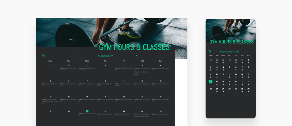Gym events calendar sections